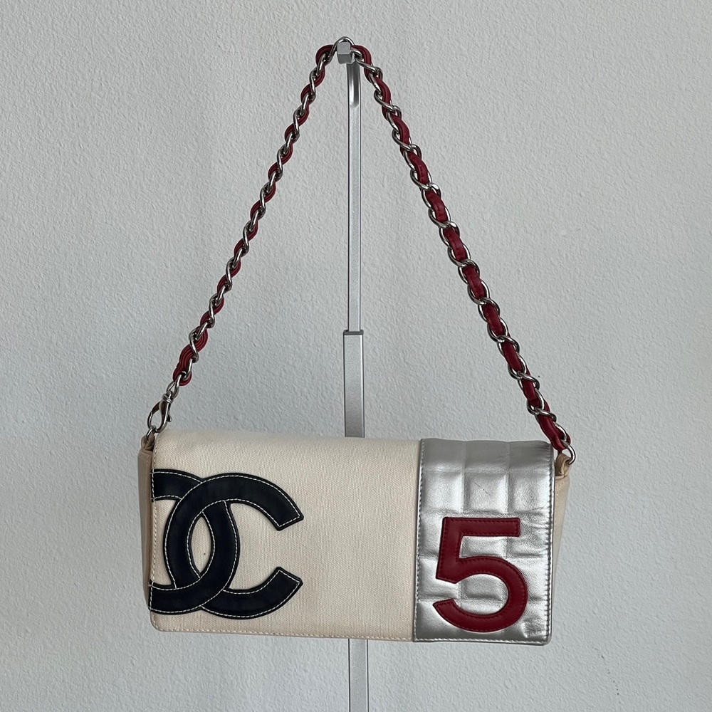 Vintage Chanel No. 5 Canvas & Metallic Leather Shoulder Bag, Dust Bag & Cards